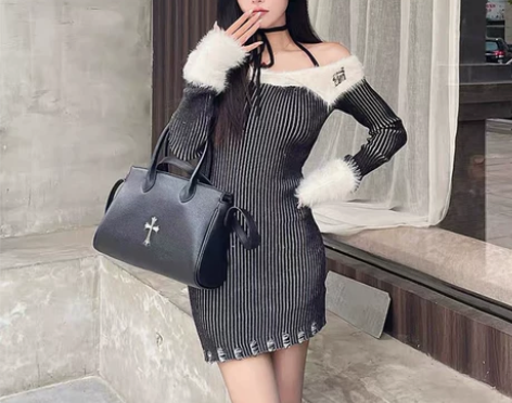 胖mm甜辣风设计感别致抹胸连衣裙秋冬202...