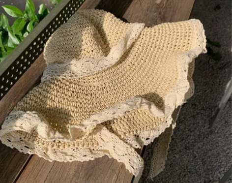 蕾丝飘带镂空草帽女夏季出游防晒沙滩帽子女款...