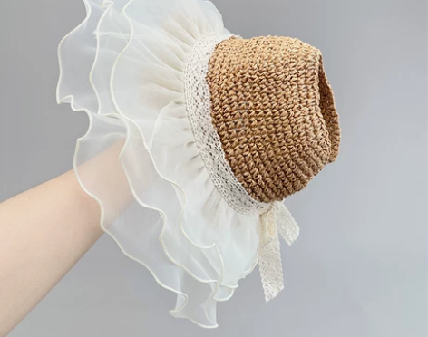 儿童网纱草编女童小童可折叠大帽檐防晒遮阳沙...