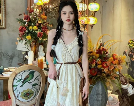 波西米亚复古吊带裙镂空蕾丝流苏长裙仙旅行度...