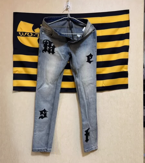 PASET贴布绣做旧修身显瘦美式牛仔裤子男...