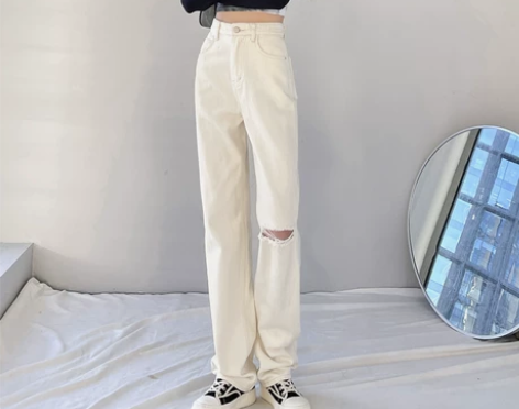 白色破洞牛仔裤女秋季2023年新款高腰宽松...