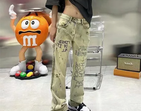 春季新款刺绣微喇泼墨牛仔裤女嘻哈高腰宽松直...