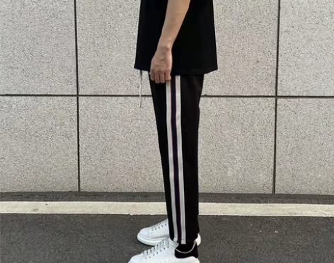侧边条纹休闲运动裤王源同款九分直筒宽松潮流...