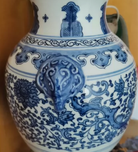 景德镇手绘青花陶瓷将军罐龙凤双耳带盖储物客...