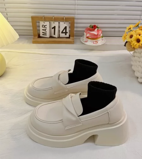 高跟小皮鞋女春季一脚蹬粗跟厚底玛丽珍英伦风...