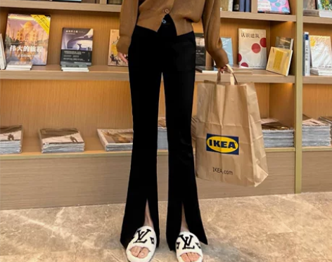 高腰开叉微喇叭裤女2022年春季新款黑色修...
