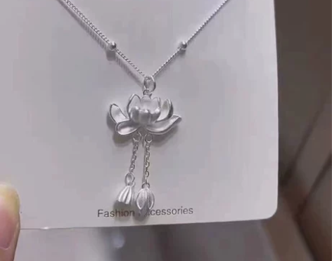 999足银好运连连两世欢莲花项链国风雾霾蓝...