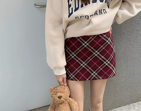 秋冬港味韩版红色格纹半身裙女大码高腰显瘦a...