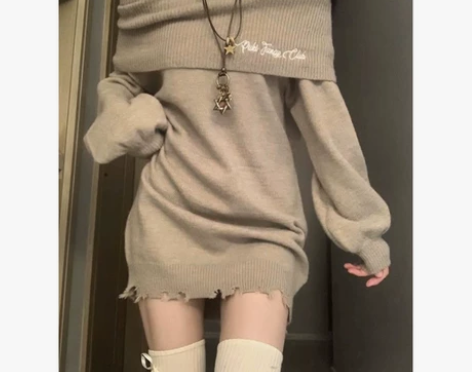 一字肩抹胸连衣裙女秋冬新露肩中长款纯欲名媛...