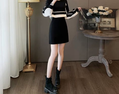 拉夏贝尔假两件黑色连衣裙女秋冬2023新款...