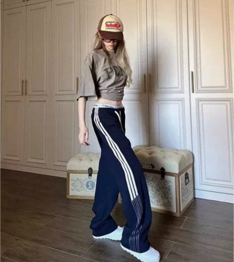 美式高街休闲裤子男女春秋季直筒运动百搭显瘦...