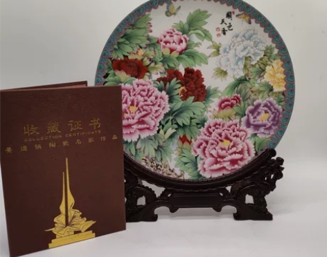 景德镇瓷绘传承欧式金青霞陶瓷国色天香送底座...