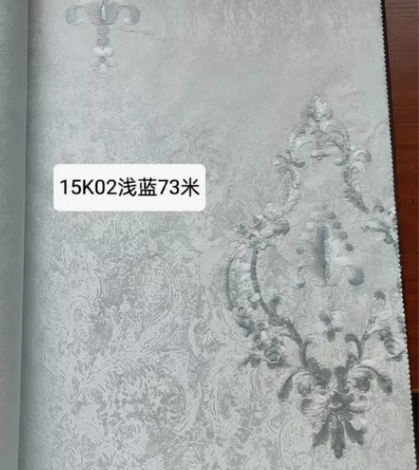 豪华刺绣墙布，73米，浅蓝色，精品刺绣简欧...