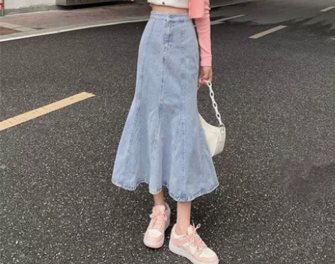 牛仔半身裙女春季新款高腰a字荷叶边中长款鱼...