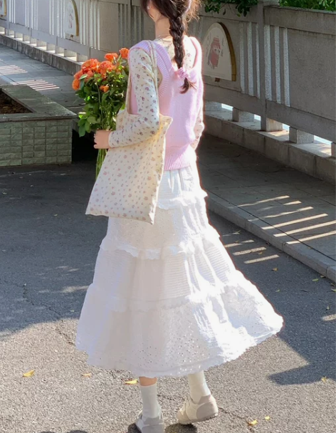 白色半身裙女春秋2024新款高腰a字中长款...