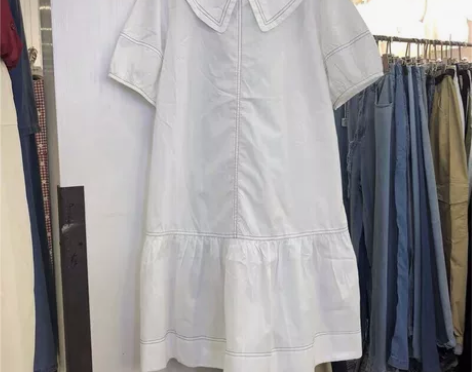 全新！韩版白色娃娃领连衣裙短袖中长款宽松a...