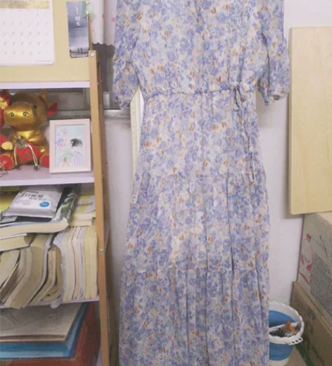 油画蓝紫唯美长裙，法式田园风，泡泡袖，V领...