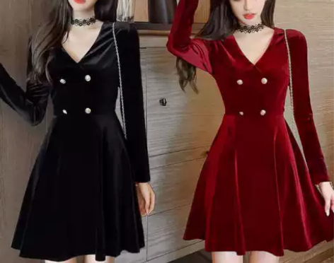 金丝绒连衣裙女2023新款秋季法式赫本风女...