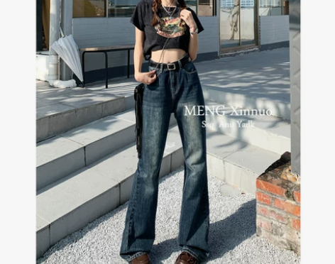 美式复古高腰阔腿喇叭牛仔裤女直筒宽松显瘦高...