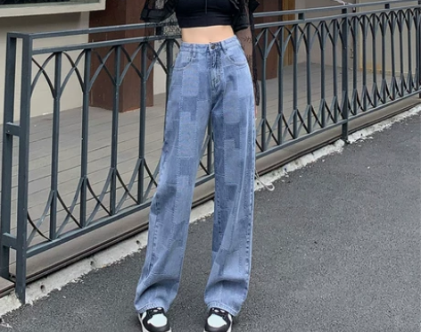 浅色阔腿牛仔裤女春秋新款高腰设计感小众高街...