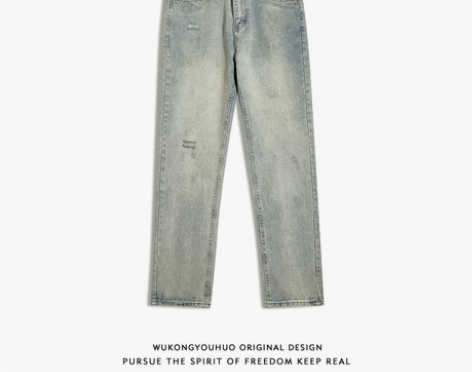 悟空有货欧美嘻哈做旧重工水洗牛仔裤男潮牌街...