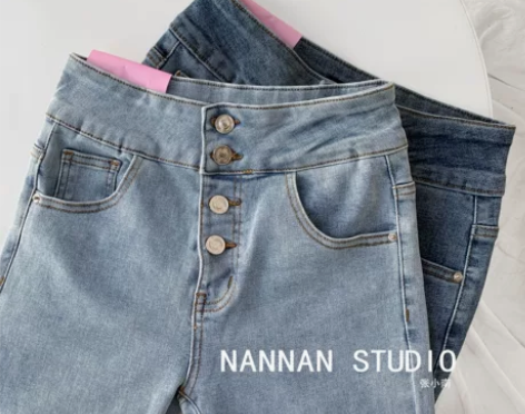 欧美风超高腰单排扣牛仔裤女春秋紧身显瘦小脚...