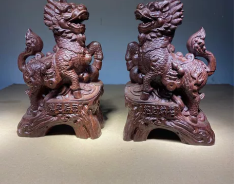 沉香木雕麒麟一对摆件招财纳福飞天麒麟家居开...