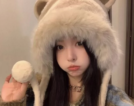 秋冬可爱小熊耳朵毛绒保暖雷锋帽子冬天加厚护...