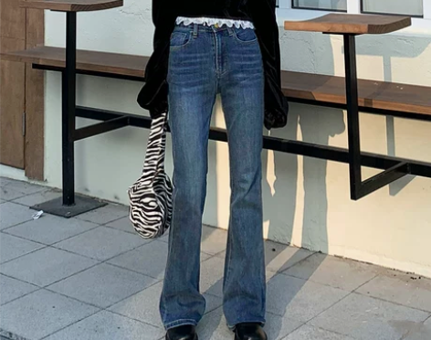 ZNZW蓝色新款微喇牛仔裤女加绒高腰显瘦c...