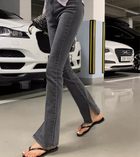 烟灰色复古开叉牛仔裤女韩版ins新款小个子...