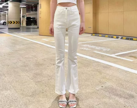 白色牛仔裤女春夏新款高腰小个子直筒微喇裤宽...