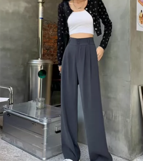 灰色阔腿裤女春夏秋高腰垂感拖地裤宽松直筒灰...