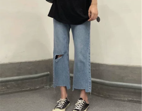 阔腿牛仔裤女胖mm梨型身材高腰破洞宽松显瘦...