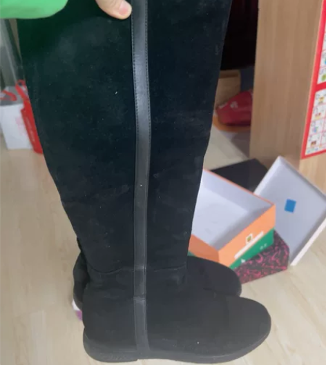 秋新及膝真皮小个子长靴女平底骑士靴内增高全...