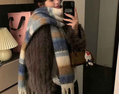 条纹流苏围巾女冬季2023新款高级感保暖加...