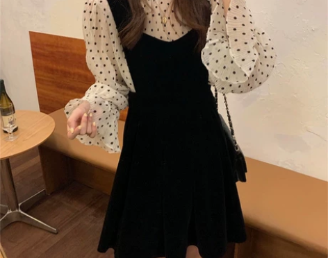 法式丝绒收腰显瘦背带连衣裙波点雪纺衫女两件...