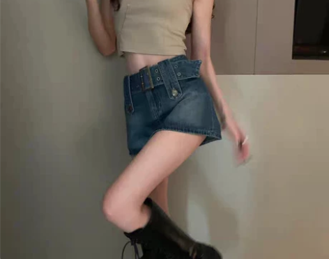 牛仔半身裙女春夏复古高腰显瘦辣妹超短裙系带...