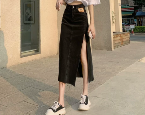 高腰开叉牛仔半身裙女2023夏季新款黑色显...