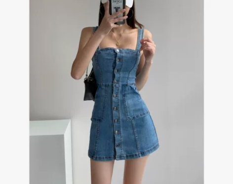 欧美风ins复古牛仔连衣裙女春显瘦背带裙性...