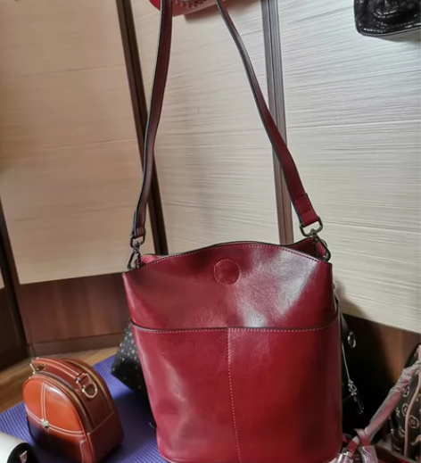 纳兰杜单肩斜挎手提大容量女包油蜡牛皮水桶包...