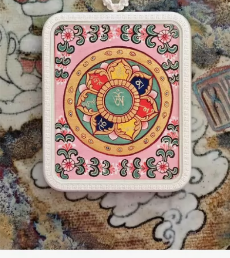 女士定制特别粉色款！西藏手绘六字箴言小唐卡...