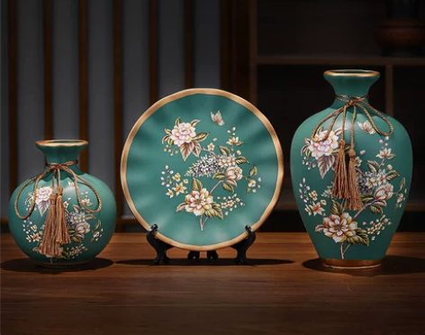 陶瓷器花瓶装饰品三件套中式家居工艺品客厅电...