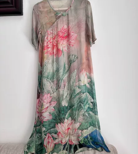 莲田碧玉 百分百重磅真丝桑蚕丝连衣裙旗袍新...