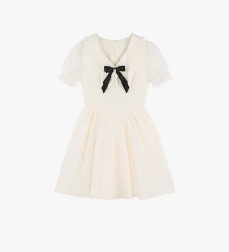 V领蝴蝶结高级感白色连衣裙女夏季新款泡泡袖...