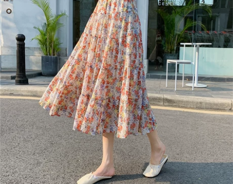 雪纺小碎花半身裙女夏季2022新款高腰中长...