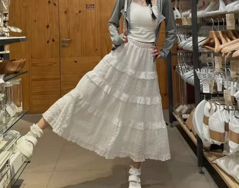 白色蛋糕裙女春秋2024新款高腰a字中长款...