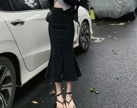 高腰牛仔半身裙女新款显高中长款a字弹力紧身...