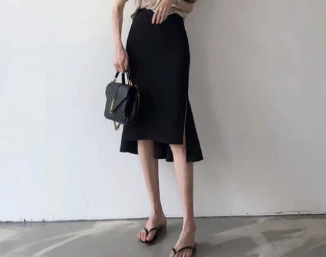 黑色高腰不规则设计感a字半身裙中长款包裙开...