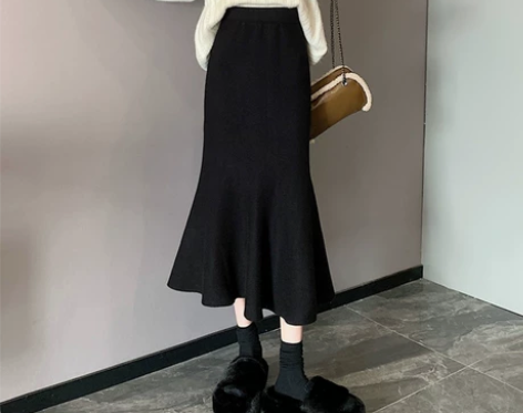 高腰黑色半身裙子女秋冬季小个子收腰中长款a字包臀裙修身鱼尾裙...